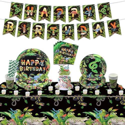 115Pcs Reptil Party Dekorationen - Inklusive Reptil Teller, Serviette, Tassen, Geburtstag Banner, Kuchen Topper für Dschungel Safari Eidechse Sumpf Reptil Geburtstag Party Supplies, Serve 20 von PTECDROTS