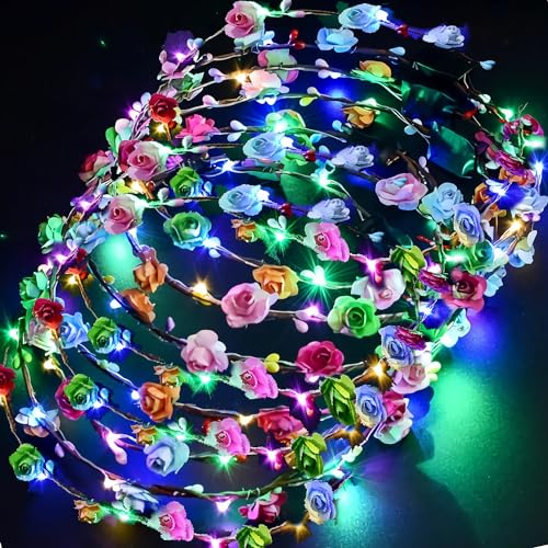 PTHTECHUS 12 PC LED Blumen Kranz Stirnband - Kronen Blumengirlande Boho Floral Head Crown für Hochzeit, Festival und Party, Kopfschmuck mit Dekor (FKH-12) von PTHTECHUS