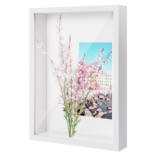 3D Bilderrahmen zum Befüllen, 3D Tief Objektrahmen A4, Schattenbox Vitrine Rahmen mit Transparente Acrylplatte Rahmen, Hölzern 3D Rahmen für Erinnerungsstücke Blumen Medaillen Foto (Weiß 3CM) von PTJJXA