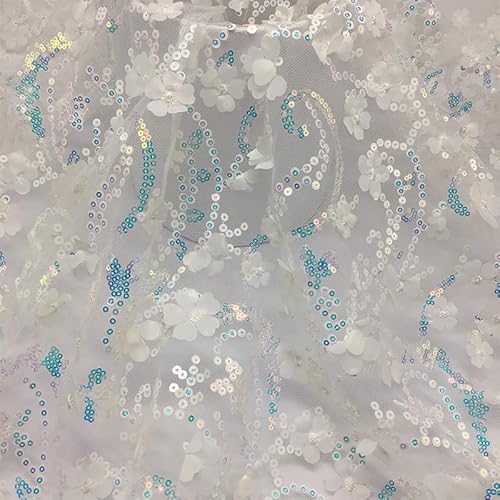 1 Yard Glänzender Tüll Stoff Bestickter Pailletten Paillettenstoff 130cm Breit Dekostoff Kostümstoff Stoffe Glitzertüllstoff für DIY Nähen Basteln DIY handgemachte Kleidung Hochzeit Kleid -Weiße Blau von PTNKUIIY