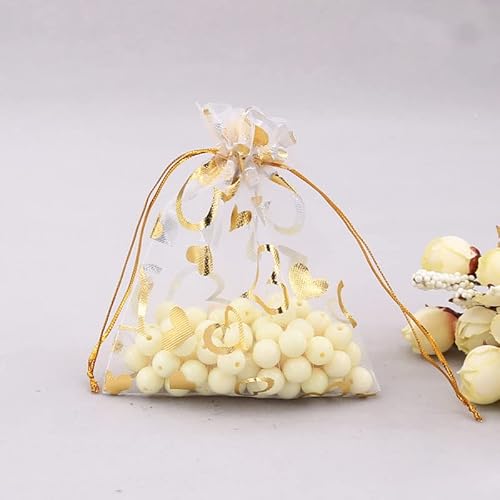 100 Stück Organzasäckchen 15*20cm Organzabeutel Liebe Herz Geschenkbeutel mit Kordelzug Hochzeitsbevorzugung Schmuckbeutel zum Befüllen für Hochzeit Weihnachten Valentinstag Party-Gold Weiße von PTNKUIIY