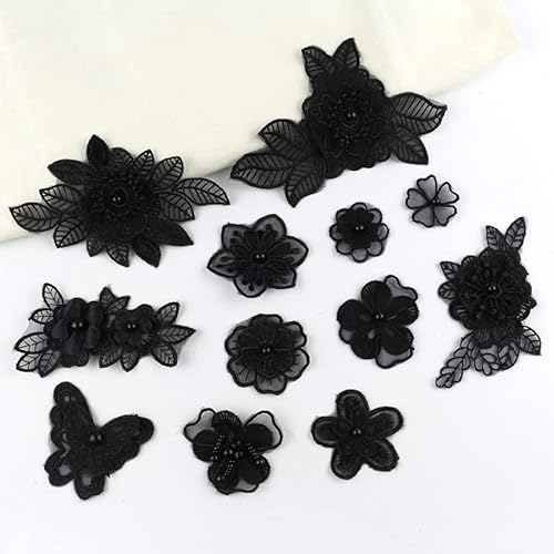 12 Stücke Schwarz Spitze Blumen Organza Stickerei Applique Patches Sticker Aufnäher Applikation Flicken zum Aufnähen Zum Reparieren und Dekorieren von Kleidung, Taschen, Hüten DIY Kleidung Applique von PTNKUIIY