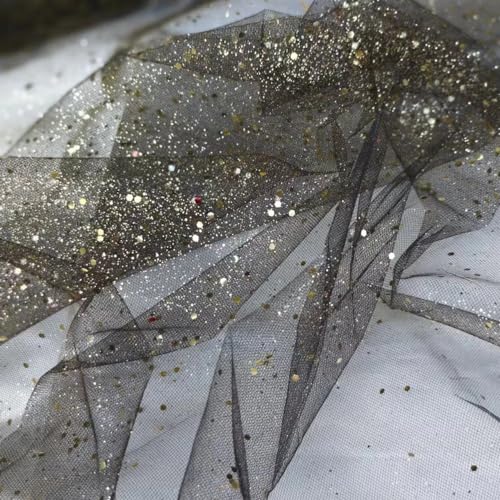 150cm * 1m Deko-Stoff Kostümstoff Sparkly Pailletten Stoffe Netzstoff zum Dekorieren Basteln Hauch Zart Durchsichtig Glitzer Garn Tüll Deko Stoffe für DIY handgemachte Kleidung Hochzeit-Schwarz Gold von PTNKUIIY