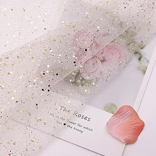 150cm * 1m Deko-Stoff Kostümstoff Sparkly Pailletten Stoffe Netzstoff zum Dekorieren Basteln Hauch Zart Durchsichtig Glitzer Garn Tüll Deko Stoffe für DIY handgemachte Kleidung Hochzeit-Weiße Gold von PTNKUIIY