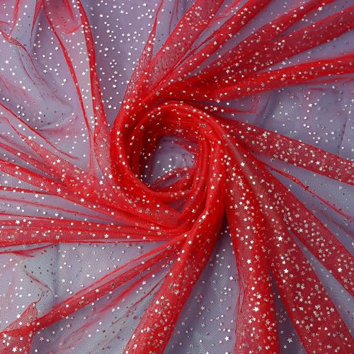 160cm * 2m Glitzer Tüllstoff Rollen Glitzer Tüll Dekostoff mit Sterne Netzstoff Sparkly Stoff für DIY Kleidung Tischedeko Geschenk Bogen Tüllband Dekoband für Hochzeit Party Bankett Deko -Rot von PTNKUIIY