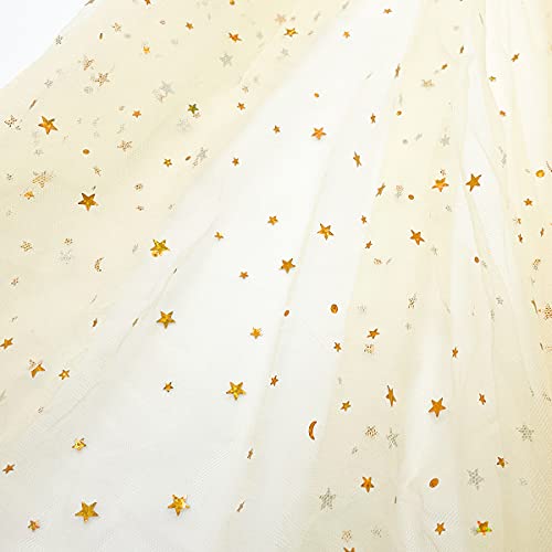 2 Yard Tüllstoff, 150cm Breit Deko-Stoff zum Nähen Dekorieren Basteln Glitzer Garn Tüll Deko Stoffe mit Sterne Sparkly Pailletten Dekostoff für DIY handgemachte Kleidung Hochzeit Kleid -Beige Gold von PTNKUIIY