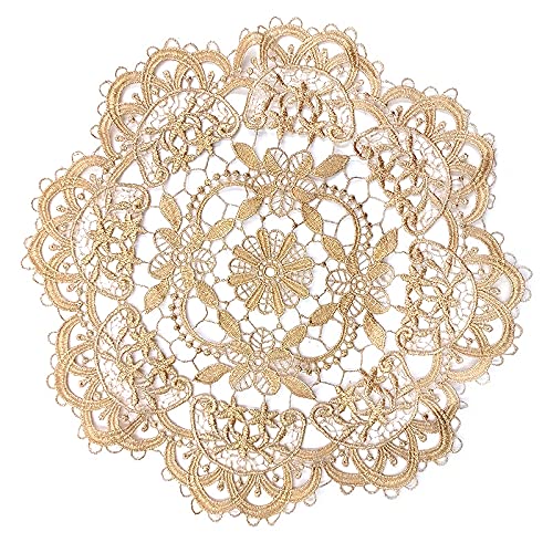 4 Stück Runde Bestickte Tischmatte,26-28cm Gold Spitze Runde Tischmatte Spitzendeckchen Häkeldeckchen Blume bestickte Tischmatte,Vintage-Tassenmatte, Vasenmatte für Heimdekoration Küche,Party,Hochzeit von PTNKUIIY