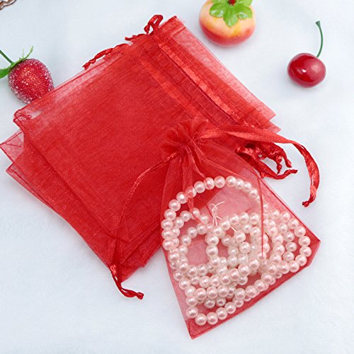 PTNKUIIY 100 Stück Organzasäckchen, Geschenk Organzabeutel Zum Befüllen 25x35cm Schmucksäckchen Schmuckbeutel mit Kordelzug Geschenkbeutel für Hochzeit Oder Fest Party Weihnachten -Rot von PTNKUIIY