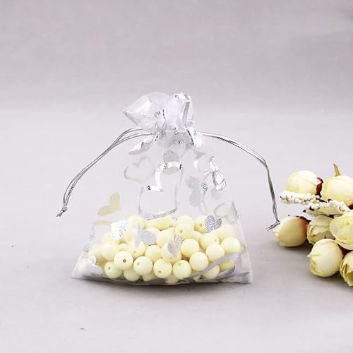 PTNKUIIY 100 Stück Organzasäckchen 13 * 18cm Organzabeutel Liebe Herz Geschenkbeutel mit Kordelzug Hochzeitsbevorzugung Schmuckbeutel zum Befüllen für Hochzeit Weihnachten Valentinstag Party-Silber von PTNKUIIY