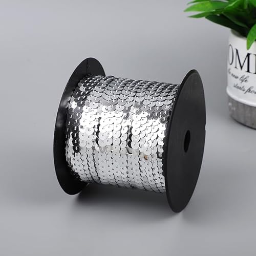 PTNKUIIY 100 Yard Elastische Pailletten Trim 6mm Paillettenband Glitzer Borte Aus Dekoband Paillettenborte Stoffband Metallic Paillette Stoffband Für Kleid Kostüm Stirnband Nähen DIY Handwerk -Silber von PTNKUIIY