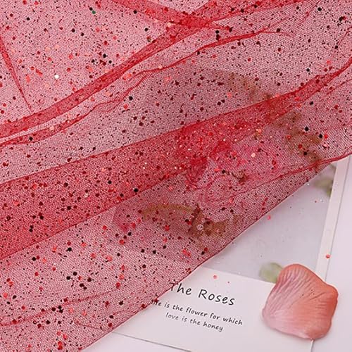 PTNKUIIY 150cm * 1m Deko-Stoff Kostümstoff Sparkly Pailletten Stoffe Netzstoff zum Dekorieren Basteln Hauch Zart Durchsichtig Glitzer Garn Tüll Deko Stoffe für DIY handgemachte Kleidung Hochzeit-Rot von PTNKUIIY