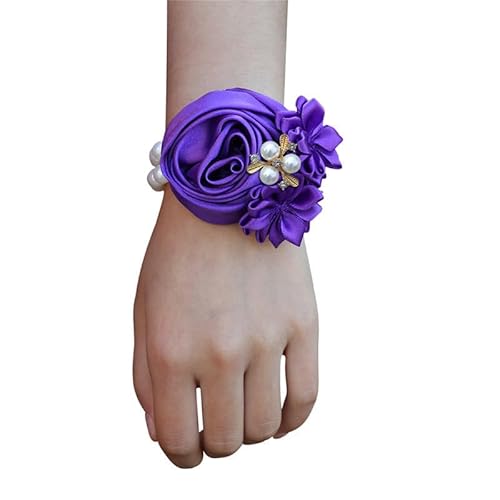 PTNKUIIY 2 Stück Brautjungfer Hochzeit Handgelenk Blume,Braut Handgelenk Corsage Hochzeit Handgelenk Blumen Elastisch Perle Handgelenk Corsage Handgelenk Hand Blume für Frauen und Mädchen -Dunkellila von PTNKUIIY