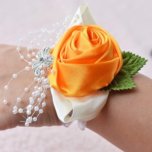 PTNKUIIY 2 Stück Hochzeit Handgelenk Blumen,Blumenarmband Handgelenk mit Perle Blumenstrauß Handgelenk Corsage Handgelenk Hand Blume Armband Für Hochzeit Mottoparty Deko Hochzeit Dekor -Orange von PTNKUIIY