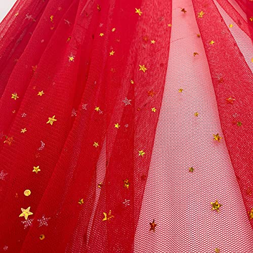 PTNKUIIY 3 Yard Tüllstoff, 150cm Breit Deko-Stoff zum Nähen Dekorieren Basteln Glitzer Garn Tüll Deko Stoffe mit Sterne Sparkly Pailletten Dekostoff für DIY handgemachte Kleidung Hochzeit Kleid -Rot von PTNKUIIY