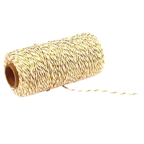 PTNKUIIY Baumwolle Schnur,3 Rollen Baumwollgarn Weihnachten Geschenke Dekoband Paketschnur, DIY Bastelschnur Bäcker Bindfäden Bäckergarn Metzgerschnur für Gartenarbeit, Dekoration -Gold beige von PTNKUIIY