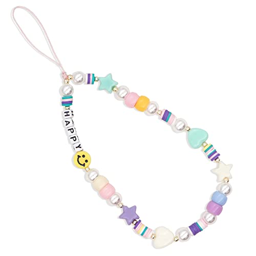 PTNKUIIY Böhmische Anti-Verlorene Handykette,Vintage Acryl Handy Charm Perlen Bunt Handy Lanyard Handgelenk Strap Telefon Anhänger Handy Schmuck Hängen Chian Schlüsselbund für Frauen Mädchen,Happy von PTNKUIIY