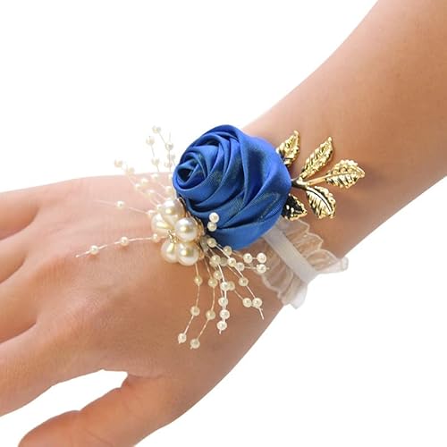 PTNKUIIY Handgelenk Blume,Hochzeit Handgelenk Blumen mit Perle Strass Handgelenk Hand Blume Corsage Blumenarmband Rose Corsage Armreif für Festival,Strand Party,Abschlussball Zubehör -Blau von PTNKUIIY