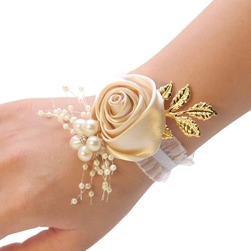 PTNKUIIY Handgelenk Blume,Hochzeit Handgelenk Blumen mit Perle Strass Handgelenk Hand Blume Corsage Blumenarmband Rose Corsage Armreif für Festival,Strand Party,Abschlussball Zubehör -Champagner Gold von PTNKUIIY