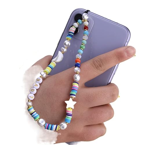 PTNKUIIY Handykette Perlen Bunt Handyanhänger, Böhmische Anti-Verlorene Handykette Mond Stern Telefon Anhänger Perlen Telefon Kette Strap Perlenkette Handy Charm Schlüsselanhänger Dekoration von PTNKUIIY