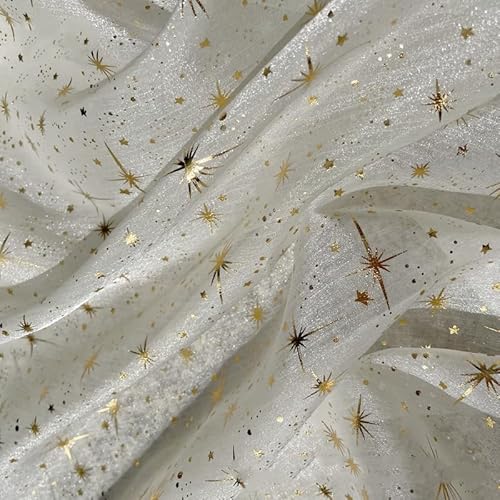 PTNKUIIY Organza Stoffe zum Nähen 150cm*1m Stern Glitzer Optik Leichter Glanz Stoff zum Dekorieren Basteln Sparkly Stoff für DIY handgemachte Kleidung Hochzeit Kleid Gardine Vorhänge Tischdeck-Beige von PTNKUIIY