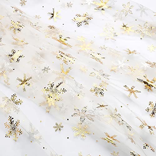 PTNKUIIY Tüll Stoff 1m * 160cm Glitzer Tüll Dekostoff mit Weihnachten Schneeflocke Kostümstoff zum Nähen Pailletten Tüll Rolle glitzernder Stoff für DIY handgemachte Kleidung Geschenkverpackung -Gold von PTNKUIIY