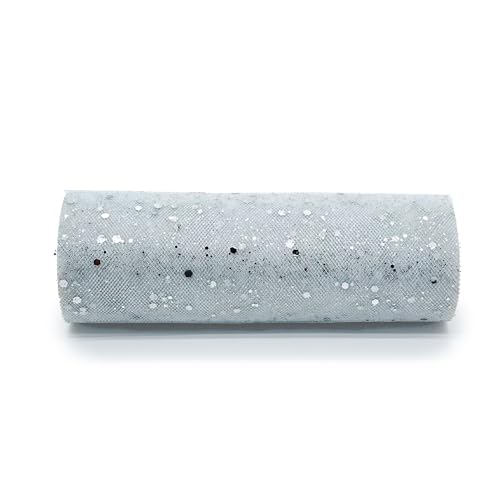 Tüllstoff Deko, Glitter Tüll Rollen,15cm * 10 Yard Glitzertüll mit Klein Pailletten Dekostoff Tüllband für DIY Tutu Rock Nähen Hochzeit, Party,Geschenkverpackung Schleife Tischedeko-Weiß Silber von PTNKUIIY