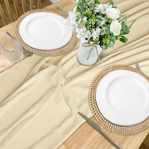 Beige Chiffon Tischläufer Mit Rosa passendem Band Hochzeit Stoff Tüll Boho Table Runner Seiten Läufer Tisch Käsetuch Waschbar 80 * 300cm von PTUI