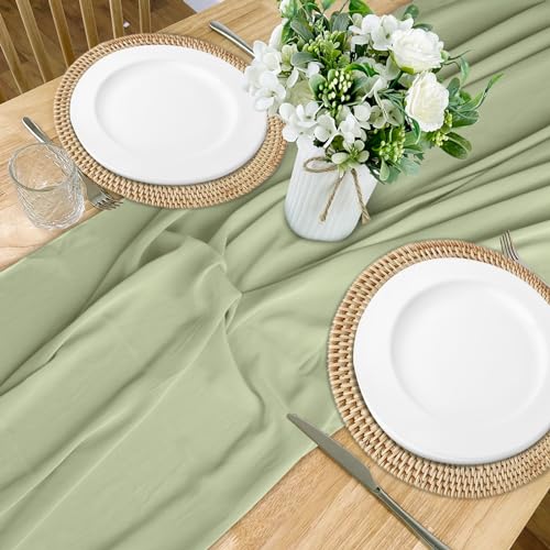 Grün Chiffon Tischläufer Mit weiß passendem Band Hochzeit Stoff Tüll Boho Table Runner Seiten Läufer Tisch Käsetuch Waschbar 80 * 300cm von PTUI