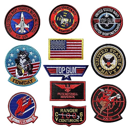 PUCIO 11 Stück Top Gun Aufnäher zum Aufbügeln USA Flagge Maverick Patches bestickt Air Force Navy Marine Army Jacke Tactical Military Logo Dekorative Applikation von PUCIO