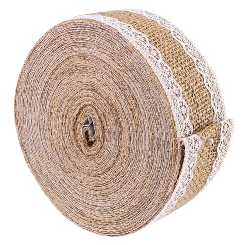 PUCSIQ 5cm x 10m Juteband mit Spitze Natürliche Jute Bänder Vintage Juteband mit Spitze Juteband Vintage Spitzenband für Hochzeit Weihnachten Basteln Geschenke Deko Geschenkverpackung von PUCSIQ