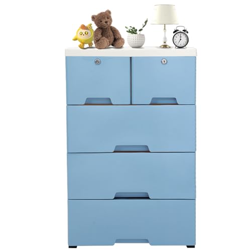 PUDLOR Kommode Schubladen, mit 6 Schubladen Auf 4 Rädern Nachtkommode Kommode Flur Schlafzimmer Kommode Kommode Holz 50x35x102 Cm, für Organisation Von Accessoires In Schlafzimmern (Blau) von PUDLOR