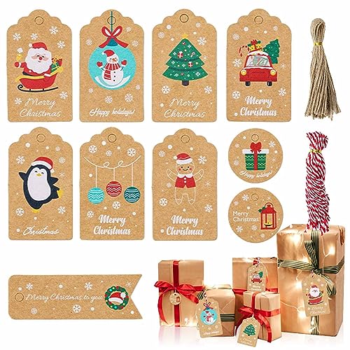 Geschenkanhänger für Weihnachten,100 Stück Xmas Braun Kraftpapier Etiketten Anhänger Christmas Tags mit Jute Schnur für das Dekorieren von Weihnachtsbaum,Handgemachte Arbeit von PUERHUACI