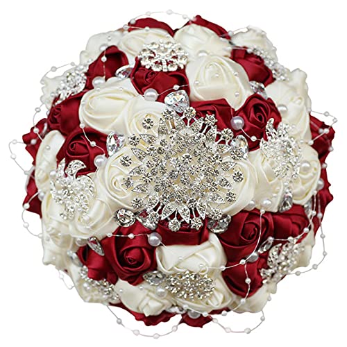 PUFAHAU Weiße Hochzeit Braut mit Blumen Künstlicher Blumenstrauß Band Strass Perlen Blumenstrauß Dekoration Braut Bräutigam Tanz-18CM von PUFAHAU