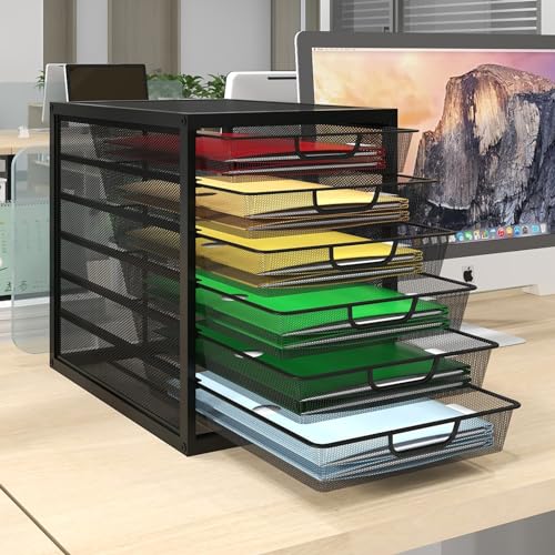 PUNCIA Schubladenbox 6 Schubfächer A4 Briefablage Dokumentenablage mit Schubladen Ablagefächer Papiersortierer aus Metall Desk Organizer für Dokumenten Papier Schreibtisch Büro Schwarz von PUNCIA