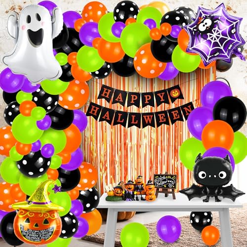 Halloween Folienballons Set, 5/10/12/18 Zoll Full Set Halloween Luftballons Dekoration Spinnennetz Banner Schwarz Lila Orange Grün Kürbis Geist Fledermaus Luftballons für Halloween Home Decor von PURPERCAT