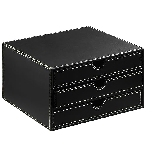 PUSU Schwarz Schubladenbox, schubladenbox a4 mit 3 geschlossenen Schubladen für DIN A4/C4,PU-Leder schubladenboxen Schreibtisch mit kleinem Metallgriff,Document Organizer dokumentenablage büro ablage von PUSU