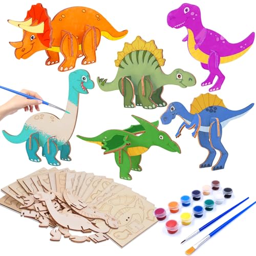 PUWOWYE 12 Stück Dinosaurier Holz Bastelset, Drachen Holz Basteln Kinder, 3D Dinosaurier Holzbastelsets für Kinder, Dino Bastelset Kindergeburtstag für Jungen Mädchen, mit Acrylfarben von PUWOWYE