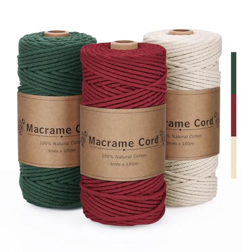 PUWOWYE 3 Stück Makramee Garn 3mm, Makramee Garn Set Rot Grün Beige, Makramee Baumwollgarn 3mm Natur für Weihnachten Basteln Stricken Boho Deko DIY Handwerk Weihnachtstag, 3x100M von PUWOWYE