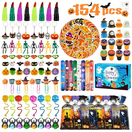 PUWOWYE Halloween Mitgebsel Kinder, 154 Stück Halloween Geschenke Kinder mit Geschenke Box, Mitgebsel Halloween Spielzeug Zubehör Geschenke mit Schlüsselanhänger, Stempel, Kürbis Radiergummi, Ring von PUWOWYE