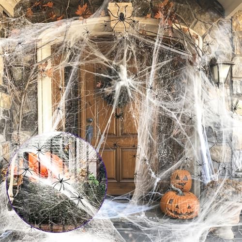 PUWOWYE Halloween Spinnennetz Deko, 1200 Quadratmeter Halloween Deko Outdoor Spinnennetz 300g, Halloween Deko Garten Dehnbare Spinnennetze mit 50 Künstlichen Spinnen, für Außen, Spukhaus, Partyzubehör von PUWOWYE