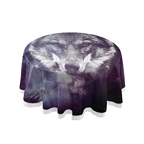 PUXUQU Galaxis Wolf Gesicht Tischdecke für Garten, Home Kitchen Picknick Party, 150 cm rund von PUXUQU