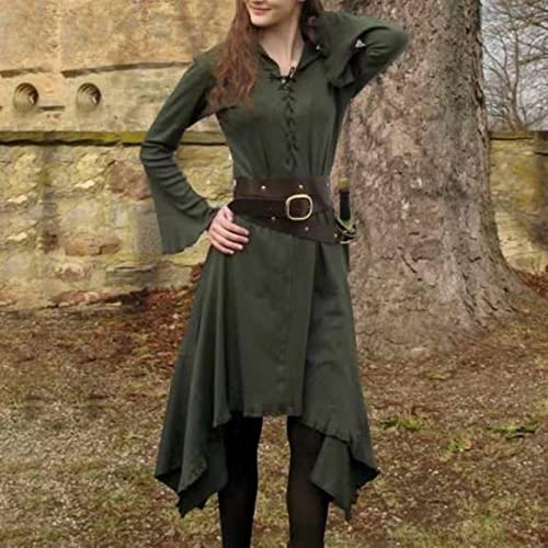 PUYYDS Kein Gürtel Vintage Kleid für Frauen Solide V-Ausschnitt Langarm Wadenlang Gothic Kleider Mittelalter Damen Cosplay Kostüm ohne Gürtel von PUYYDS