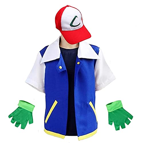 PUYYDS Männer Anime Blaue Jacke Kostüm Jungen Mädchen Ash Ketchum Cosplay für Halloween Frauen Trainer Verstellbare Baseballmütze und Handschuhe Set von PUYYDS