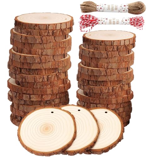 40 Stück Holzscheiben Zum Basteln, 4-6cmholzscheiben, Mit Zwei Baumwollschnüren, Für Diy Handwerk Holz-Scheiben Hochzeit Mittelstücke Weihnachten Dekoration Baumscheibe von PVFZXS