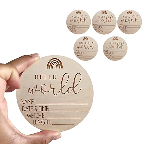 PW TOOLS Hello World Neugeborenen Ankündigungsschild, 5/10 Stück Holz Baby Geburtsanzeige Plakette, Neugeborenes Baby Geburtsschild, Rundes Baby Namensschild, Kinderzimmer Wanddekoration, 4 Zoll von PW TOOLS