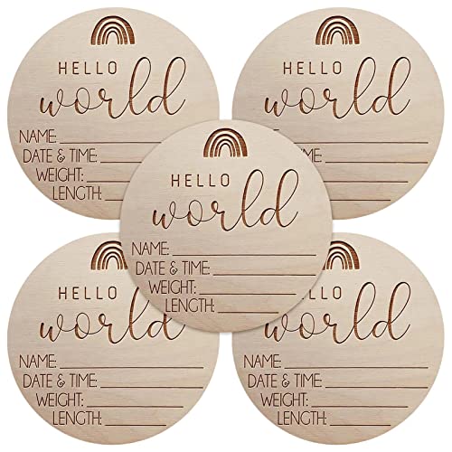 PW TOOLS Hello World Neugeborenen Ankündigungsschild, 5/10 Stück Holz Baby Geburtsanzeige Plakette, Neugeborenes Baby Geburtsschild, Rundes Baby Namensschild, Kinderzimmer Wanddekoration, 4 Zoll von PW TOOLS