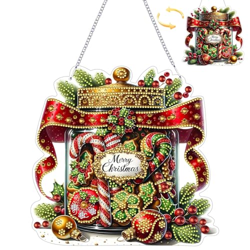 Diamond Painting Weihnachten,Deko Weihnachten,DIY Weihnachtsbonbonglas Bastelset Diamond Painting Weihnachten Anhänger mit Kette,Fensterbilder Wandbehang Kits für Fenster Wand Eingang Garten Decor (2) von PWCTNT