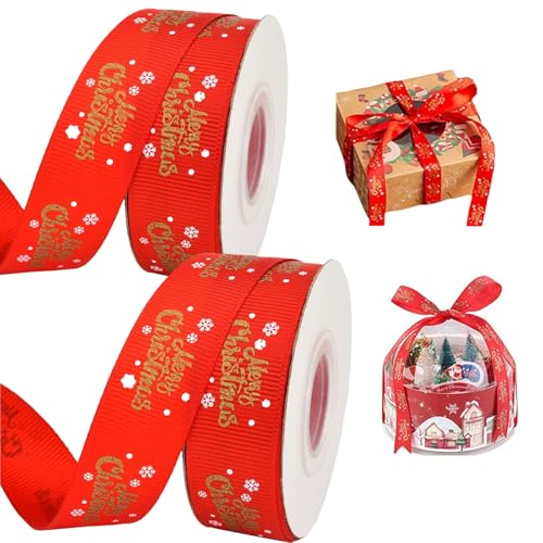 Geschenkband Weihnachten, Weihnachtsdeko, 2 Rollen Rot Schleifenband Weihnachten mit Weihnachtsmotiv, 20mm Breite Satinband Weihnachten füR Basteln Geschenk Dekoration(10 Yards/Rollen) von PWCTNT