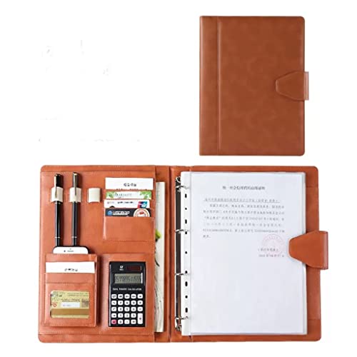 A4 Zwischenablage Mappe Konferenzmappe, Ordner mit 4 Ringen, Lebenslauf-Ordner aus Leder, professioneller Business-Organizer for A4-Briefe/Notizblöcke, Geschenk for Männer(Brown,12digit calculator) von PXAMORTEL