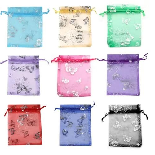 Organza-Säcke Organza-Geschenk-Säcke 50 Stück 7 x 9 cm Organzabeutel, silberfarben, Schmetterlingsdruck, for Schmuck, Hochzeit, Party, ausziehbare Verpackung, Display und Geschenkbeutel(Mixed,9x12cm) von PXAMORTEL